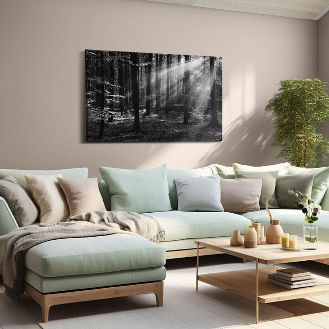 Canvas schilderij woonkamer Bos met Zon tussen de Bomen - Zwart Wit