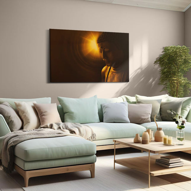 Canvas schilderij woonkamer Boeddha Beeld met Gouden Zon