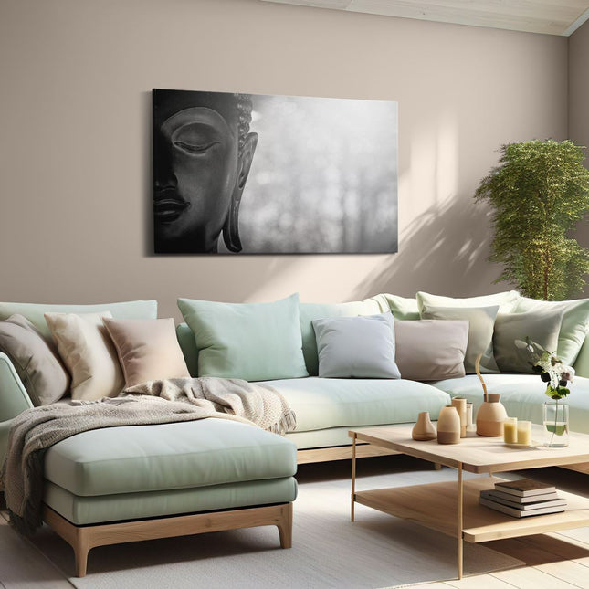 Canvas schilderij woonkamer Boeddha Beeld met Zon - Zwart Wit