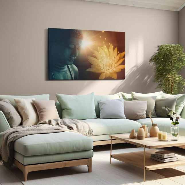 Canvas schilderij woonkamer Boeddha Beeld met Bloem