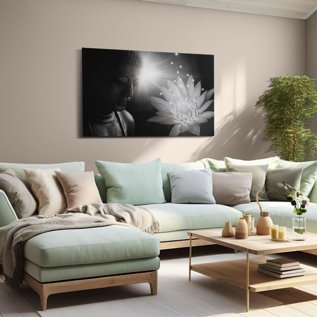 Canvas schilderij woonkamer Boeddha Beeld met Bloem - Zwart Wit