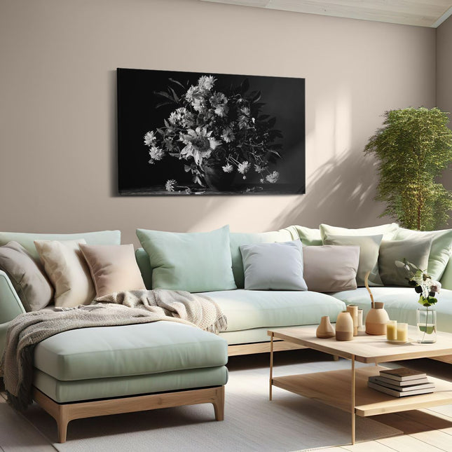 Canvas schilderij woonkamer Vaas met Verschillende Bloemen - Zwart Wit