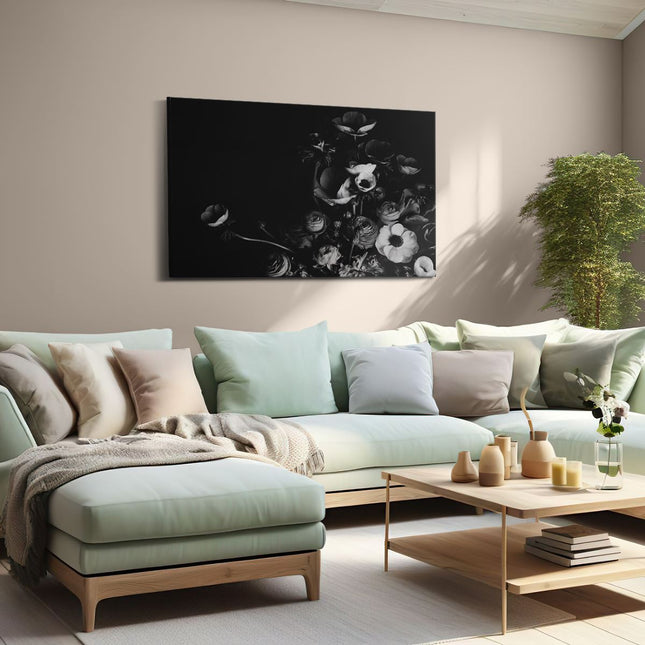 Canvas schilderij woonkamer Boeket met Verschillende Mooie Bloemen - Zwart Wit