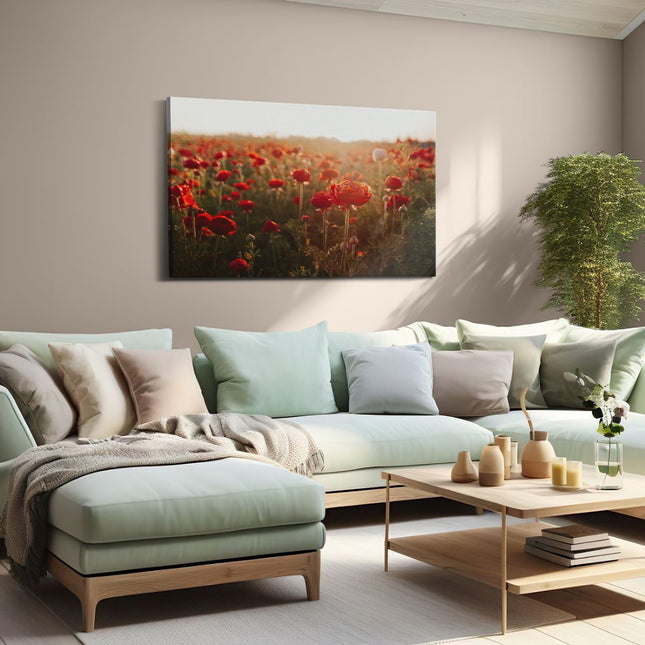 Canvas schilderij woonkamer Veld met Rode Bloemen