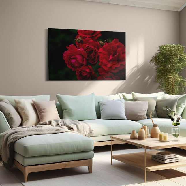 Canvas schilderij woonkamer Rode Bloemen met Zwarte Achtergrond