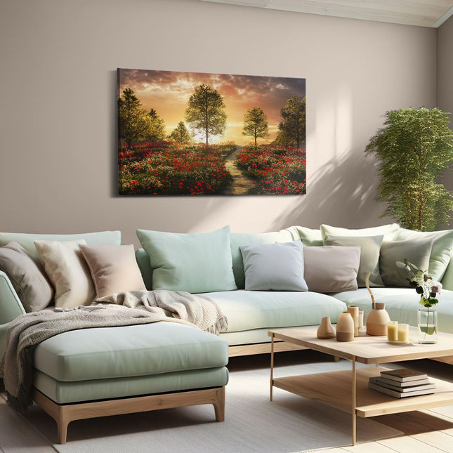 Canvas schilderij woonkamer Mooi Landschap met Rode Bloemen en Zonsondergang