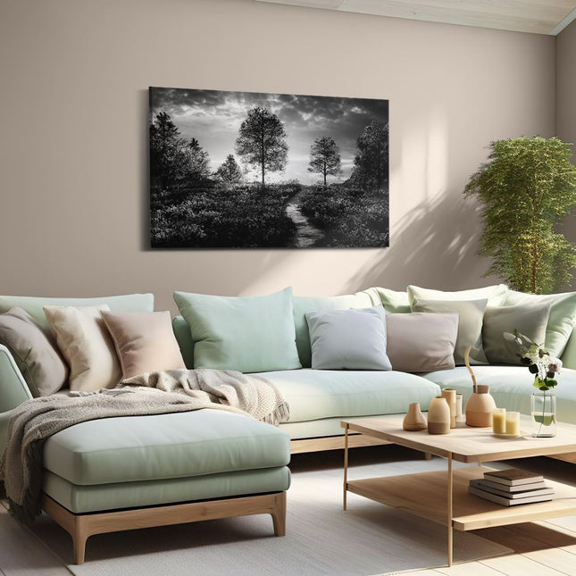 Canvas schilderij woonkamer Mooi Landschap met Rode Bloemen en Zonsondergang - Zwart Wit