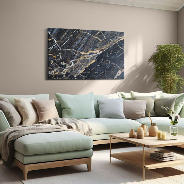 Canvas schilderij woonkamer Abstracte Kunst - Goud en Donker Blauwe Marmer