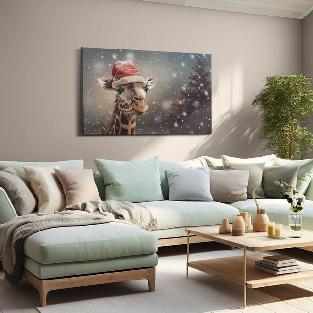 Canvas schilderij woonkamer Giraffe met een Kerstmuts - Kerstmis
