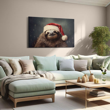 Canvas schilderij woonkamer Luiaard met een Kerstmuts - Kerstmis - Kerst