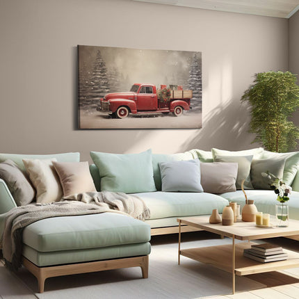 Canvas schilderij woonkamer Rode Pick-Up wagen - Kerst