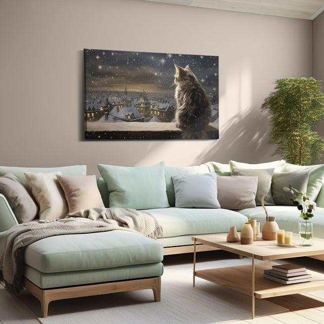 Canvas schilderij woonkamer Kat met Uitzicht op het Dorp in de Winter