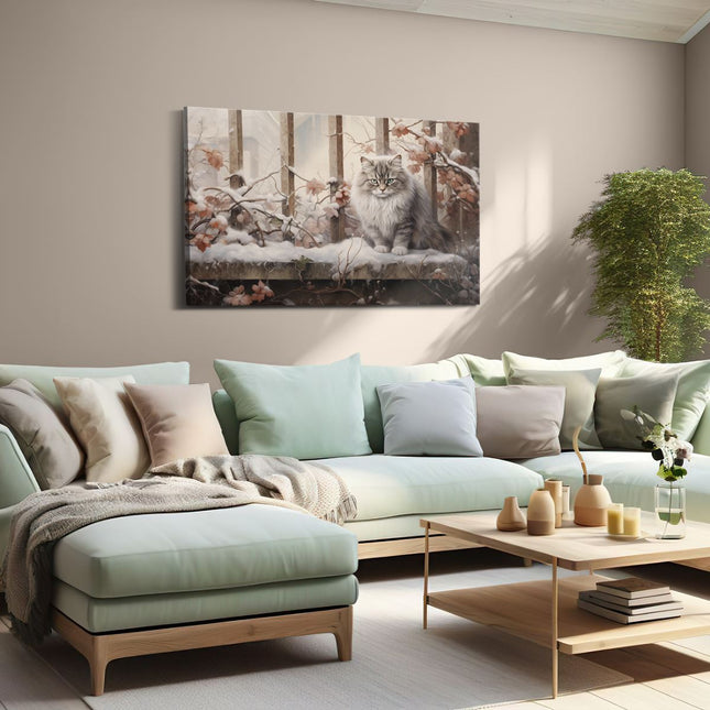 Canvas schilderij woonkamer Kat met Groene Ogen in de Winter