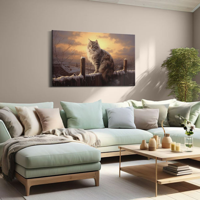 Canvas schilderij woonkamer Kat in de Winter op een Hek