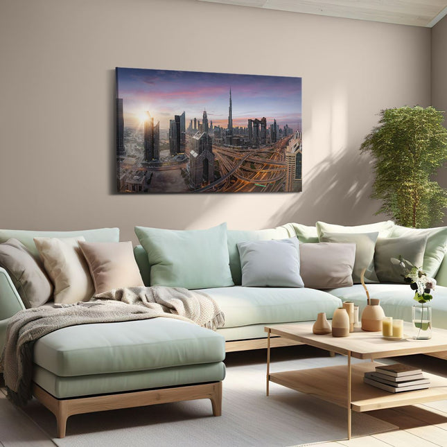 Canvas schilderij woonkamer Dubai Stad Zonsopgang