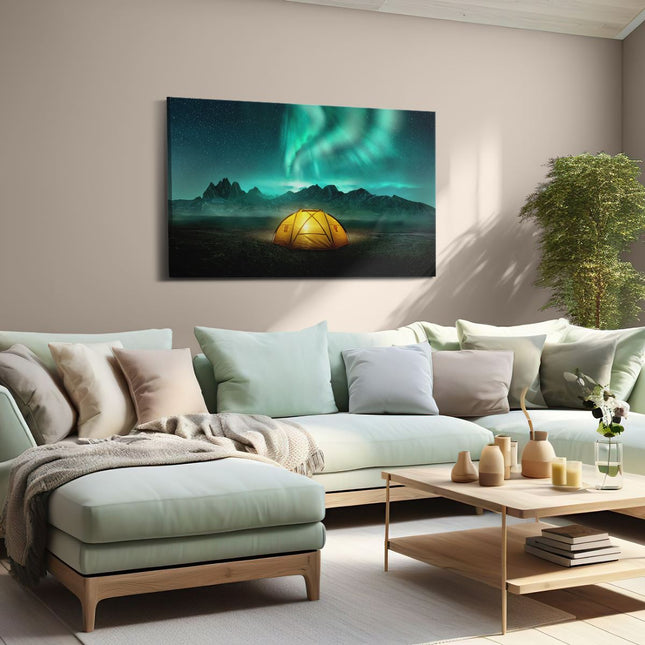 Canvas schilderij woonkamer Kamperen bij het Noorderlicht