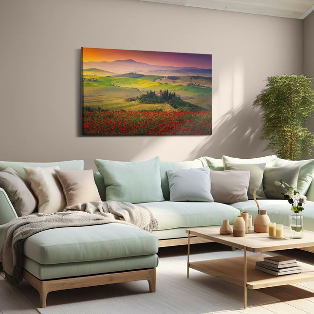 Canvas schilderij woonkamer Rode Bloemenveld in Toscane, Italië