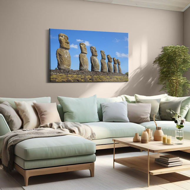 Canvas schilderij woonkamer Ahu Akivi Zeven Moai Stenen in Chili