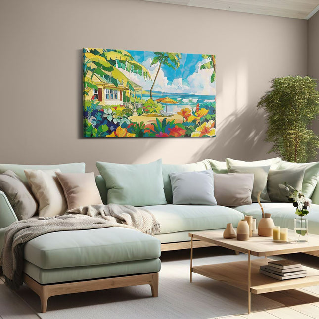 Canvas schilderij woonkamer Kleurrijk Kunstwerk van een Tropisch Huis op het Strand
