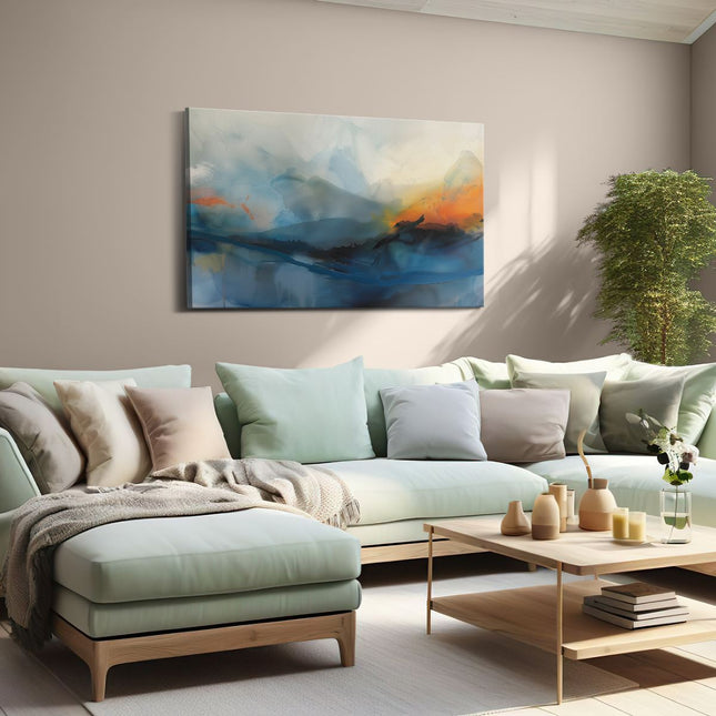 Canvas schilderij woonkamer Abstract Kunstwerk met Blauwe en Oranje Kleuren
