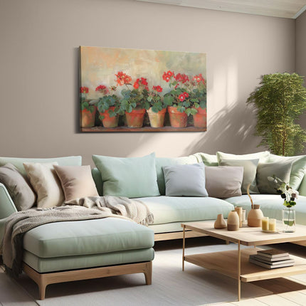 Canvas schilderij woonkamer Rode Geraniums in Potten