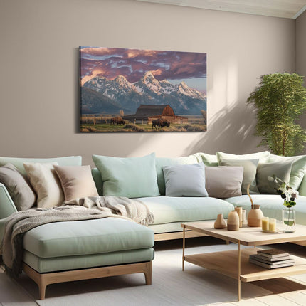 Canvas schilderij woonkamer Bizons Grazen voor een Schuur