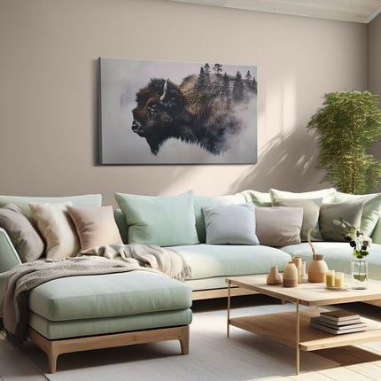 Canvas schilderij woonkamer Bizons met Bomen op de Achtergrond