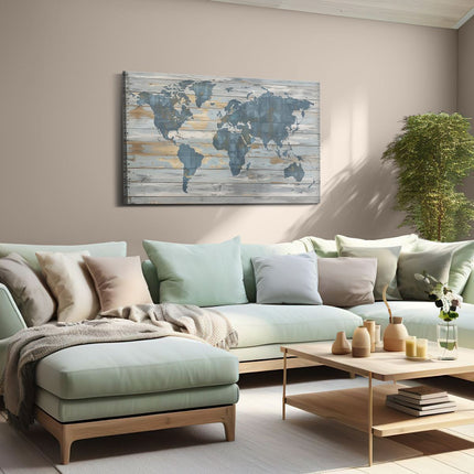 Canvas schilderij woonkamer Blauwe en Witte Wereldkaart op een Houten Plank
