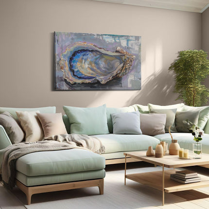 Canvas schilderij woonkamer Kunstwerk van een Oester op een Tafel
