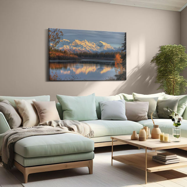 Canvas schilderij woonkamer De Bergen Worden Weerspiegeld in het Water