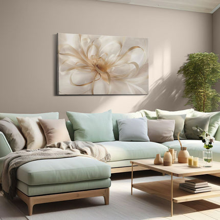Canvas schilderij woonkamer Witte Bloem met Gouden Linten