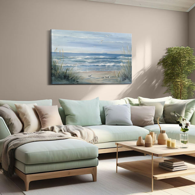 Canvas schilderij woonkamer Kunstwerk van een Strandtafereel met Meeuwen en Riet