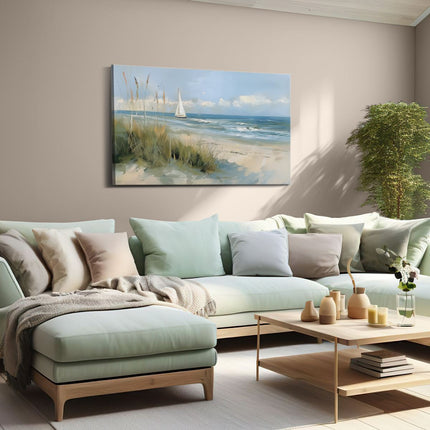 Canvas schilderij woonkamer Kunstwerk van een Zeilboot op het Strand