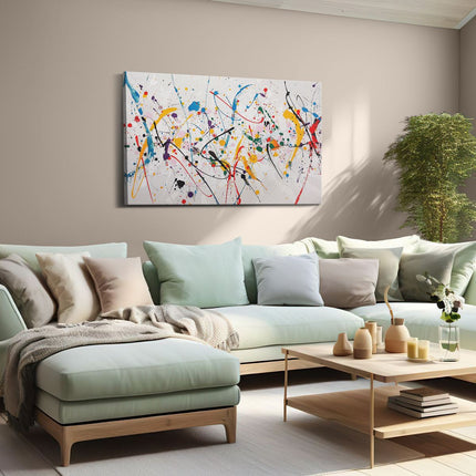 Canvas schilderij woonkamer Kleurrijke Verfspatten op een Witte Achtergrond