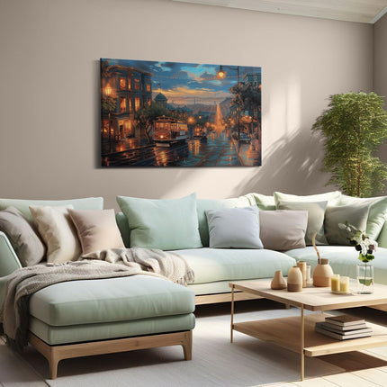 Canvas schilderij woonkamer Kunstwerk van een Straatbeeld met een Kabelbaan