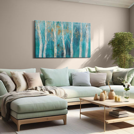 Canvas schilderij woonkamer Kunstwerk van Berkenbomen in Blauw en Goud