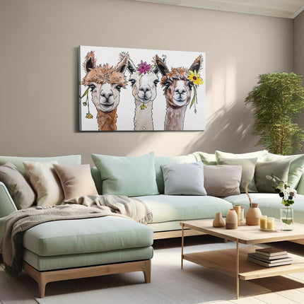 Canvas schilderij woonkamer Drie Lama's met Bloemen op hun Hoofd