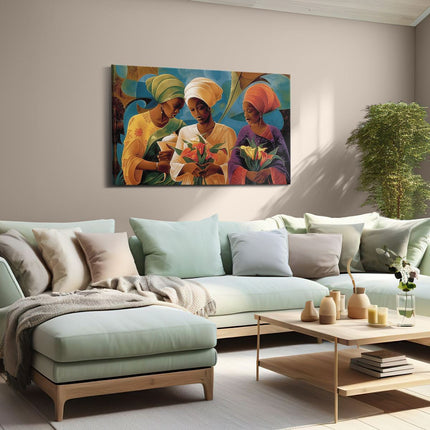 Canvas schilderij woonkamer Drie Vrouwen met Tulbanden die Bloemen Vasthouden