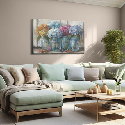 Canvas schilderij woonkamer Hortensia's in Glazen Potten