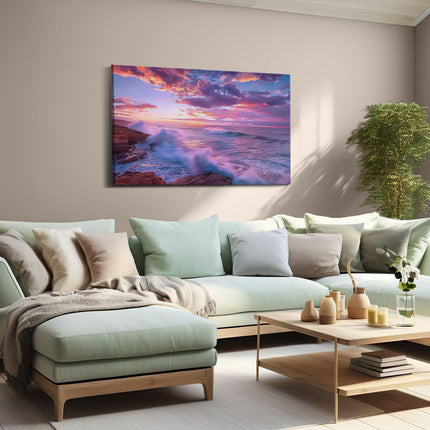 Canvas schilderij woonkamer Kleurrijke Zonsondergang over een Rotsachtige Kust