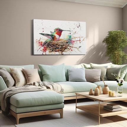 Canvas schilderij woonkamer Aquarelkunstwerk van een Kolibrie in een Nest