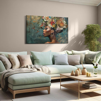 Canvas schilderij woonkamer Vrouw met Bloemen op haar Hoofd
