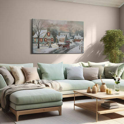 Canvas schilderij woonkamer Kunstwerk van een Kerstdorp met een Paardenkoets