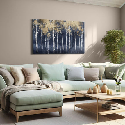 Canvas schilderij woonkamer Kunstwerk van Berkenbomen in Blauw en Goud