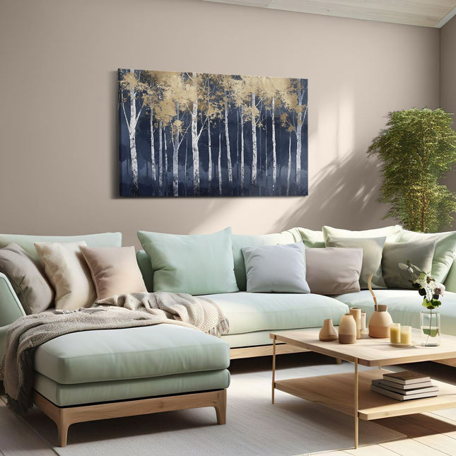 Canvas schilderij woonkamer Kunstwerk van Berkenbomen in Blauw en Goud