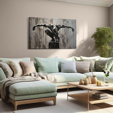 Canvas schilderij woonkamer Zwart Wit Kunstwerk van een Man op een Sokkel