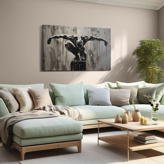 Canvas schilderij woonkamer Zwart Wit Kunstwerk van een Man op een Sokkel