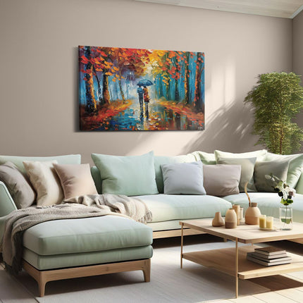 Canvas schilderij woonkamer Paar dat in de Regen loopt met een Paraplu