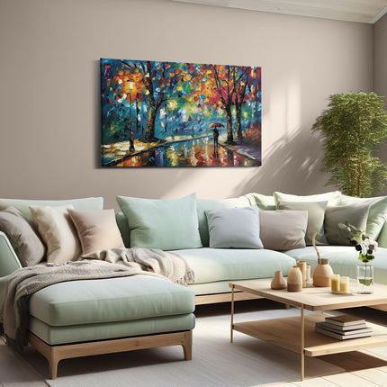 Canvas schilderij woonkamer Kunstwerk van een Persoon die in een Regenachtige Nacht door een Straat loopt