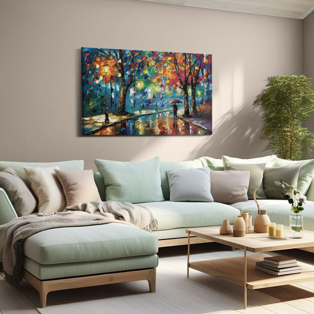 Canvas schilderij woonkamer Kunstwerk van een Persoon die in een Regenachtige Nacht door een Straat loopt